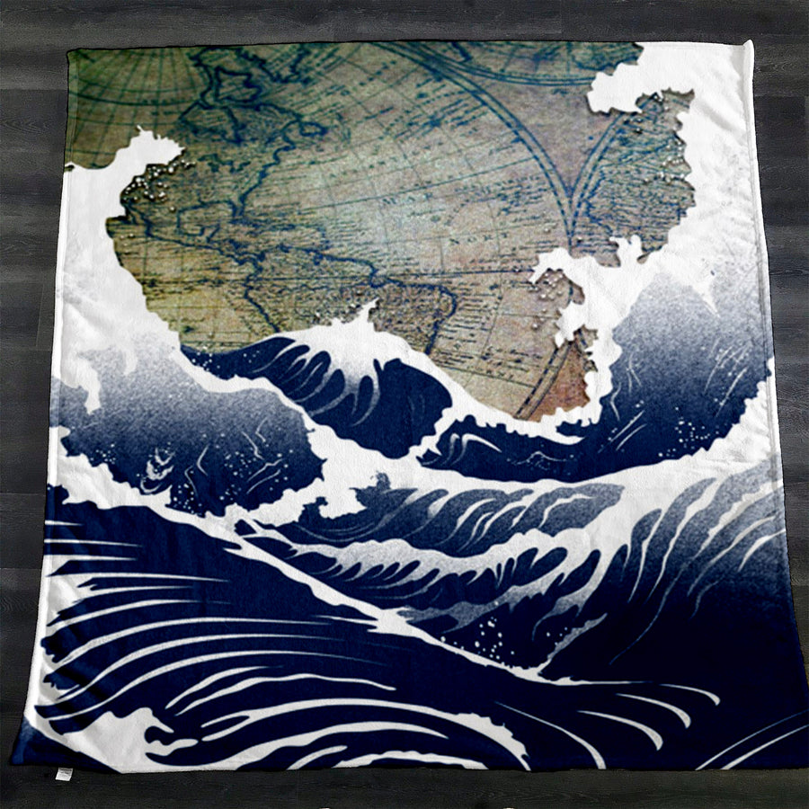 Blue Coastal Wave Map Artwork Fleece Sherpa Blanket