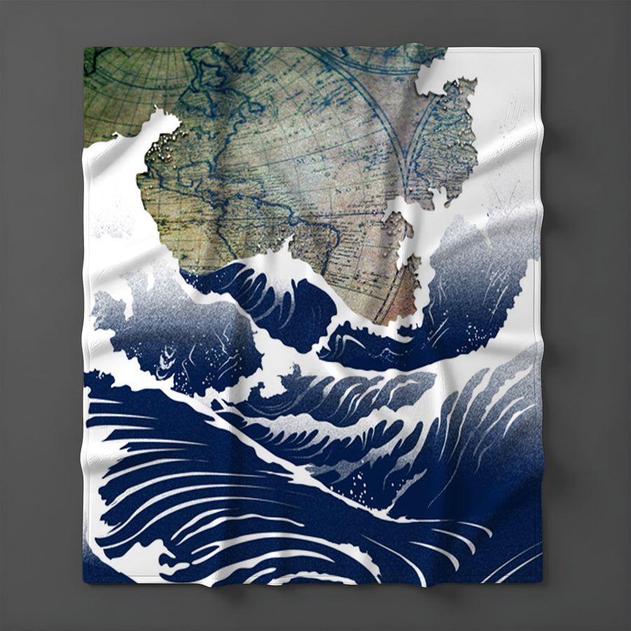 Blue Coastal Wave Map Artwork Fleece Sherpa Blanket