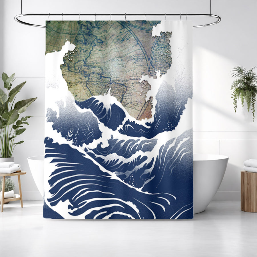 Blue Coastal Wave Map Artwork Shower Curtain