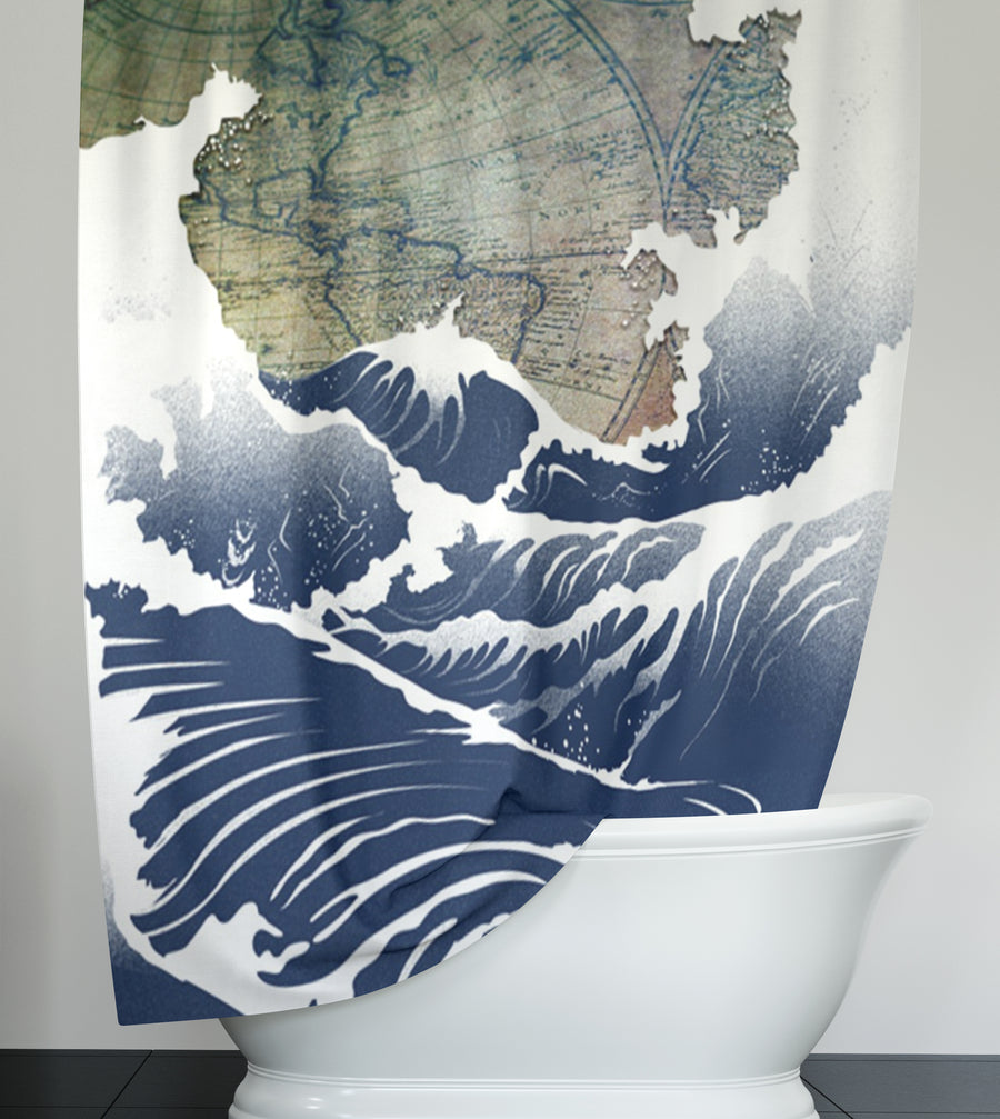 Blue Coastal Wave Map Artwork Shower Curtain