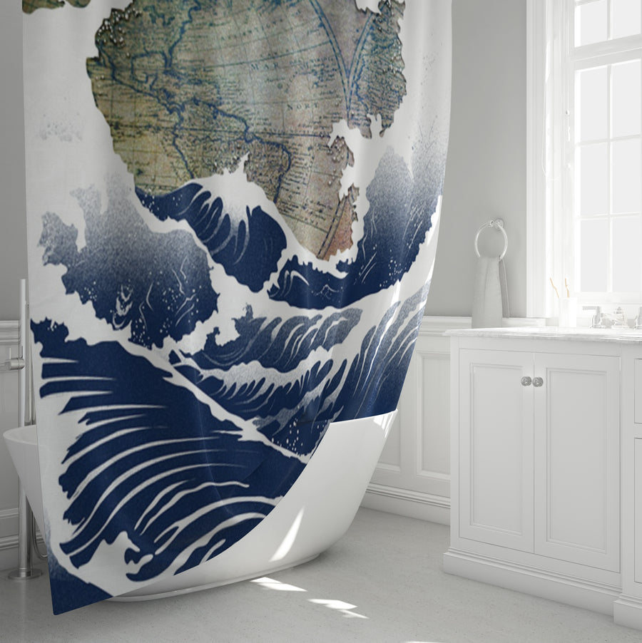 Blue Coastal Wave Map Artwork Shower Curtain