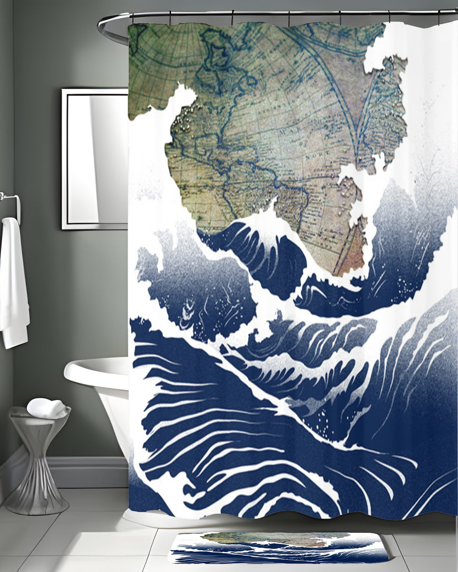 Blue Coastal Wave Map Artwork Shower Curtain