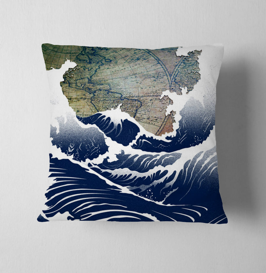 Blue Coastal Wave Map Artwork Throw Pillow Cover