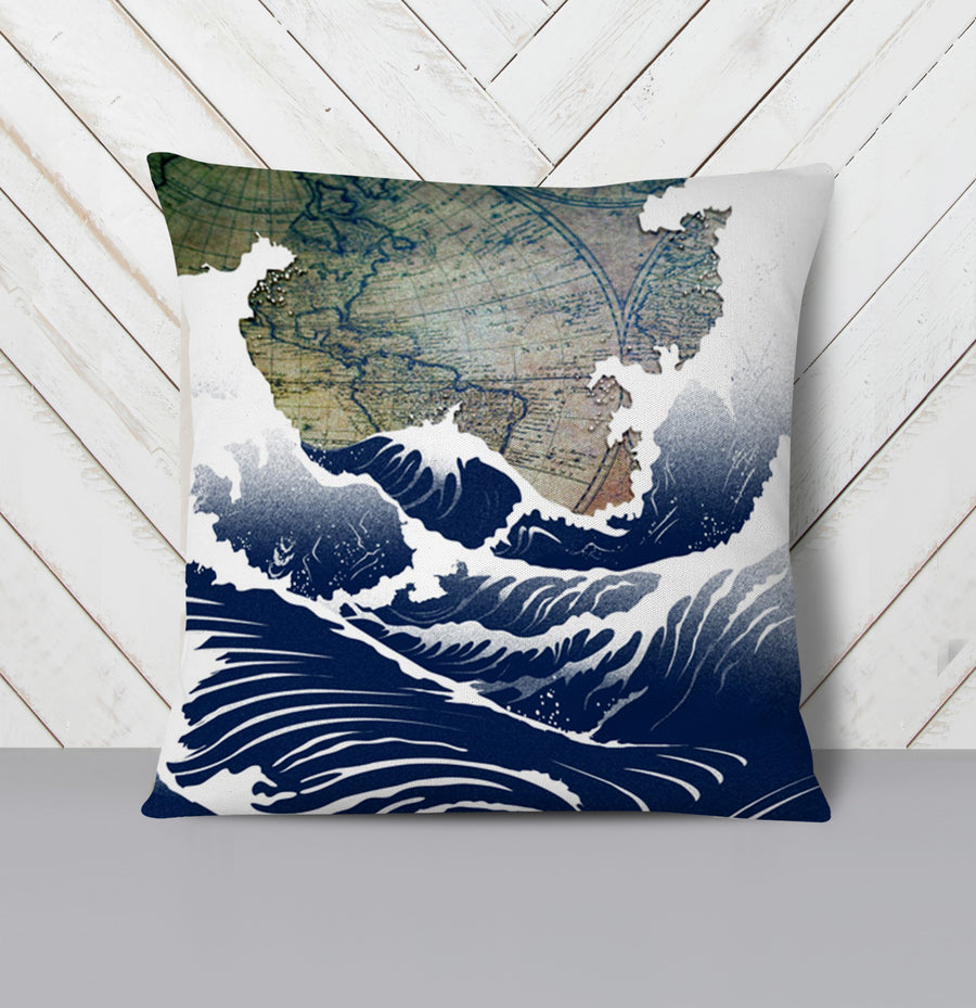 Blue Coastal Wave Map Artwork Throw Pillow Cover
