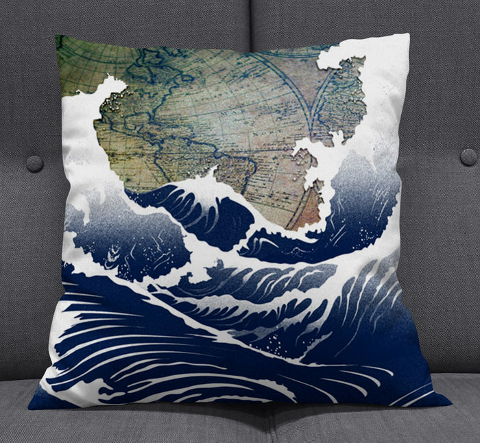 Blue Coastal Wave Map Artwork Throw Pillow Cover