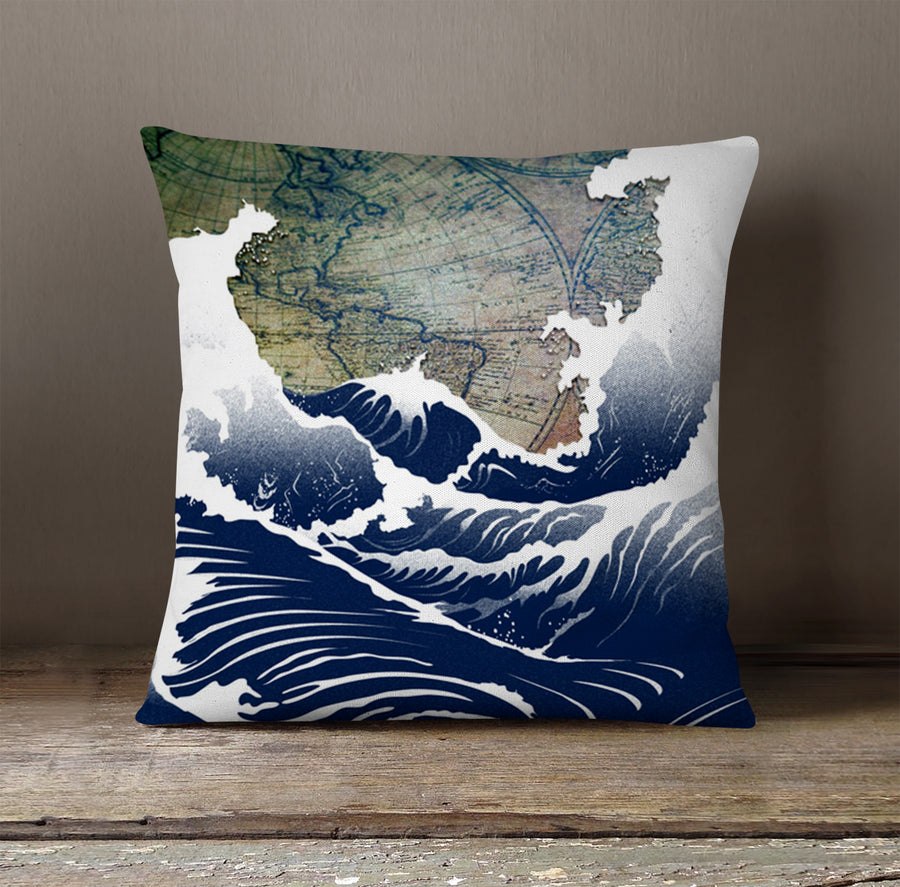 Blue Coastal Wave Map Artwork Throw Pillow Cover