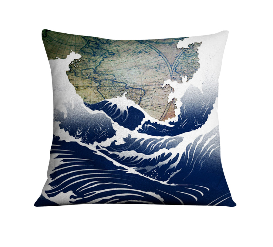 Blue Coastal Wave Map Artwork Throw Pillow Cover
