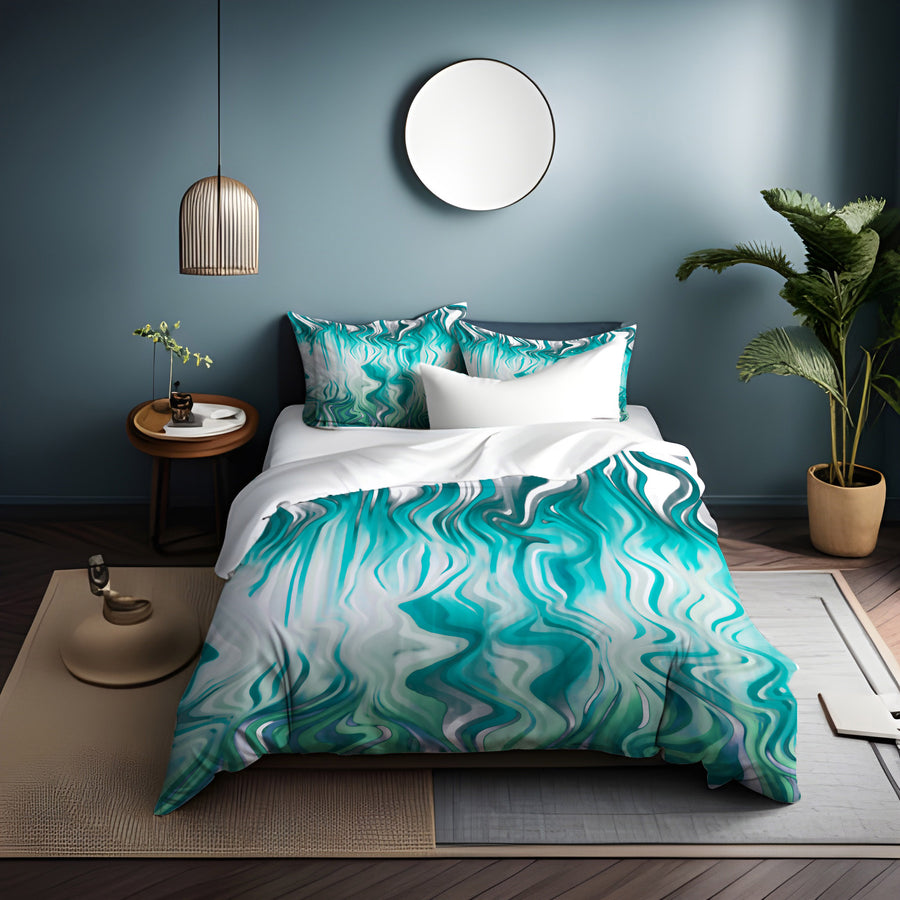 Teal Liquid Marble Flow Pattern Duvet Cover