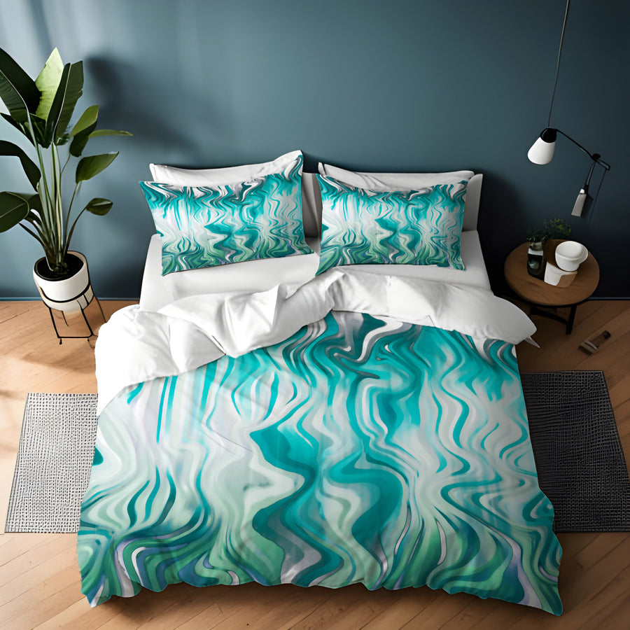 Teal Liquid Marble Flow Pattern Duvet Cover