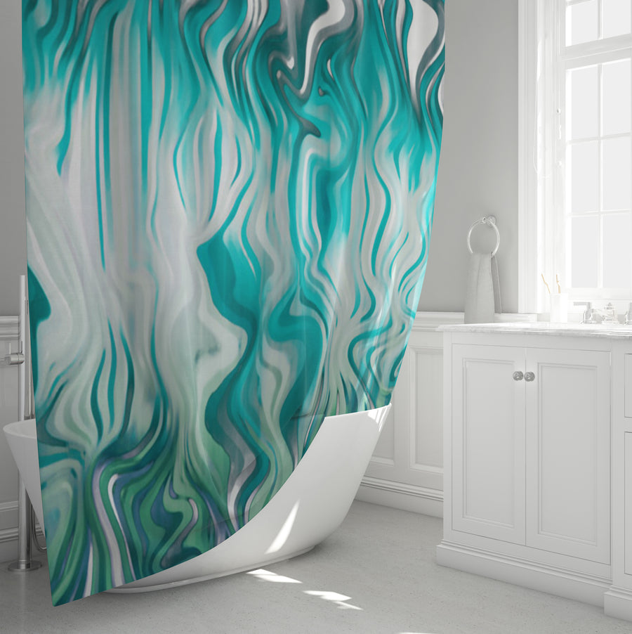Teal Liquid Marble Flow Pattern Shower Curtain