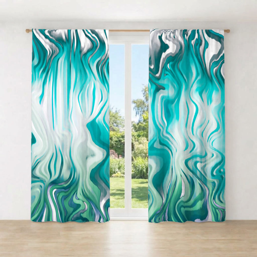 Teal Liquid Marble Flow Pattern Window Curtain