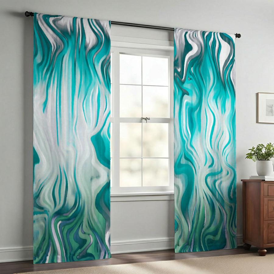 Teal Liquid Marble Flow Pattern Window Curtain