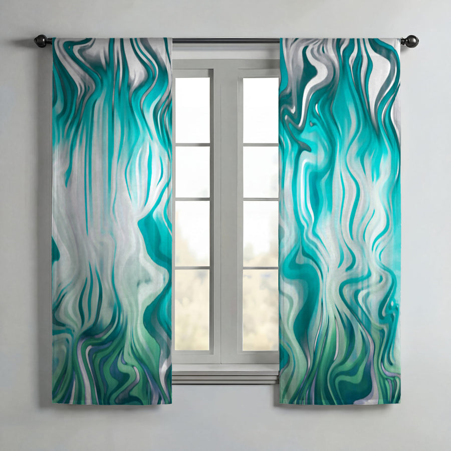 Teal Liquid Marble Flow Pattern Window Curtain