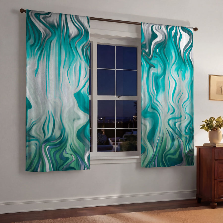 Teal Liquid Marble Flow Pattern Window Curtain