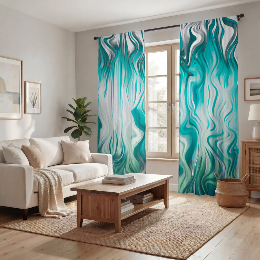 Teal Liquid Marble Flow Pattern Window Curtain