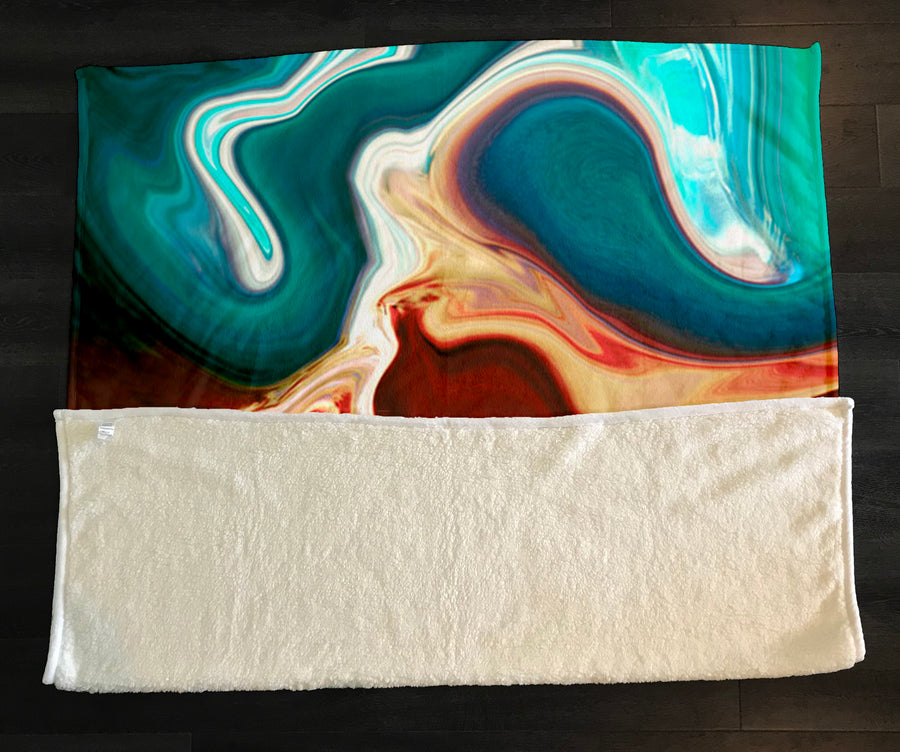 Red, Brown and Teal Marble Swirl Pattern Fleece Sherpa Blanket