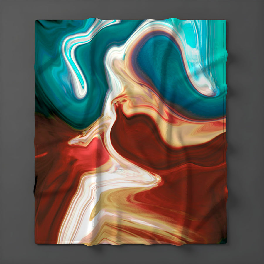 Red, Brown and Teal Marble Swirl Pattern Fleece Sherpa Blanket