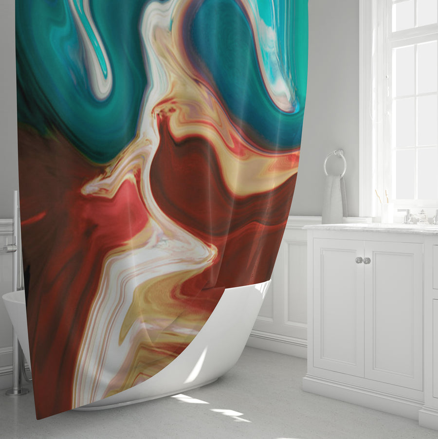 Red, Brown and Teal Marble Swirl Pattern Shower Curtain