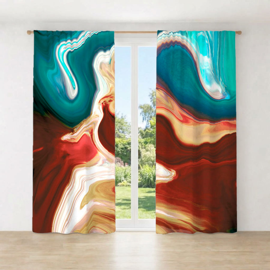 Red, Brown and Teal Marble Swirl Pattern Window Curtain