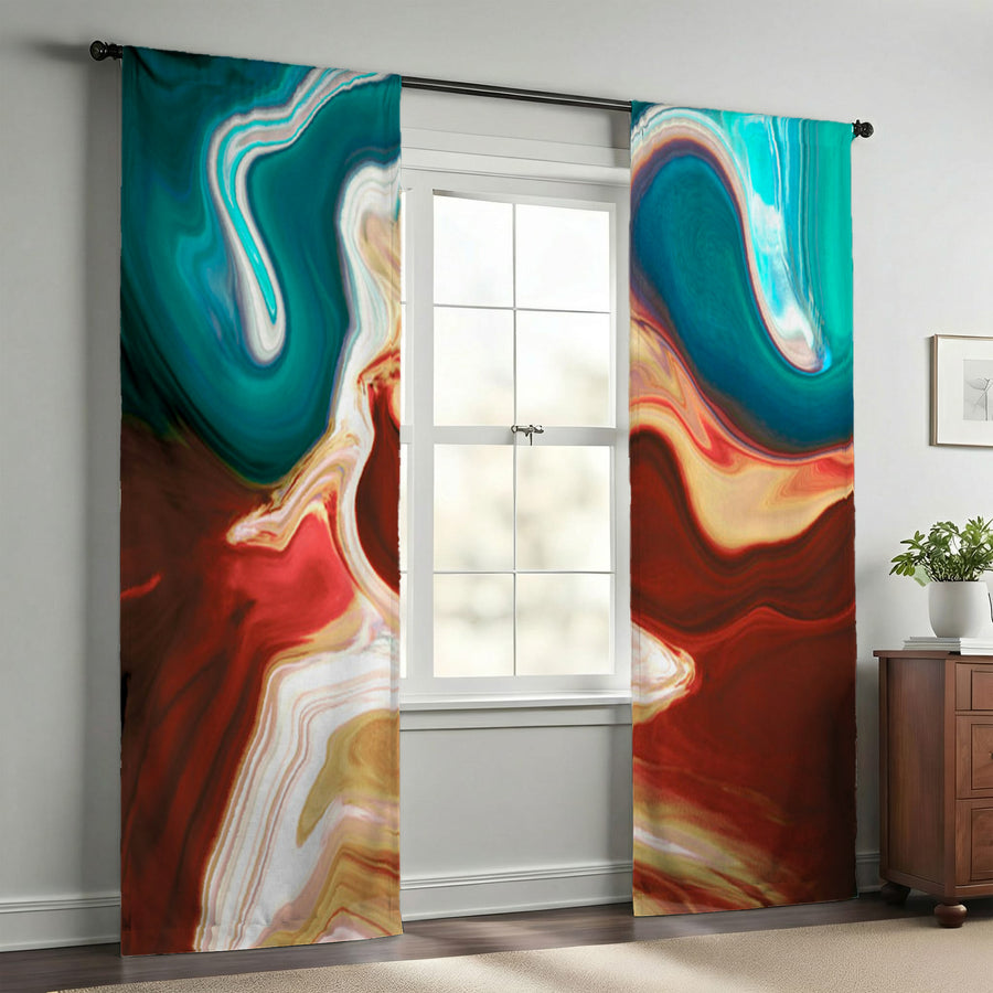 Red, Brown and Teal Marble Swirl Pattern Window Curtain