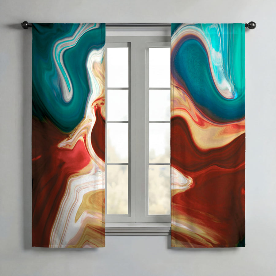 Red, Brown and Teal Marble Swirl Pattern Window Curtain