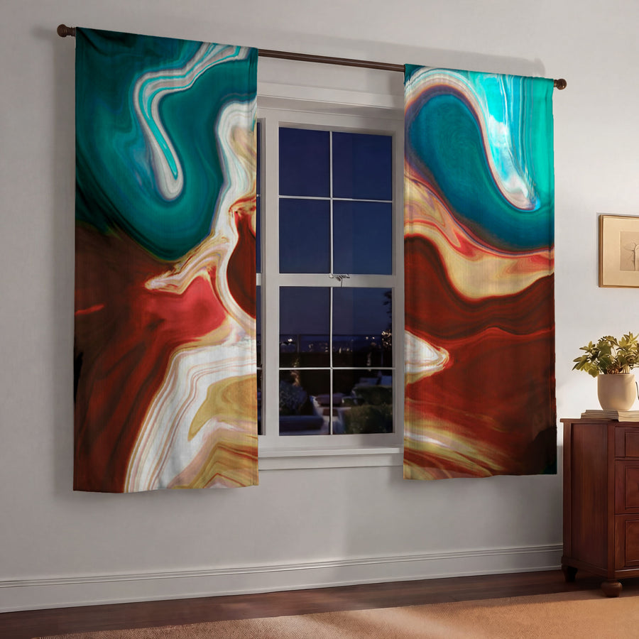Red, Brown and Teal Marble Swirl Pattern Window Curtain