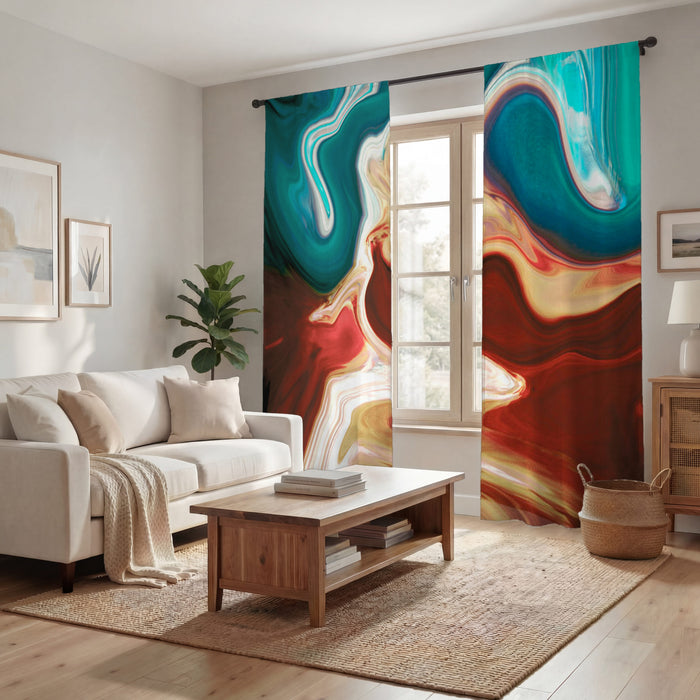Red, Brown and Teal Marble Swirl Pattern Window Curtain