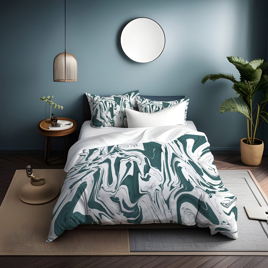 Green and White Organic Marble Pattern Duvet Cover