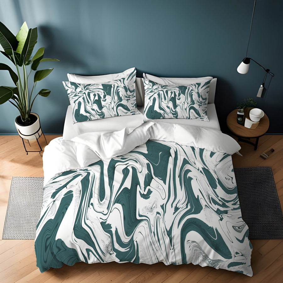 Green and White Organic Marble Pattern Duvet Cover