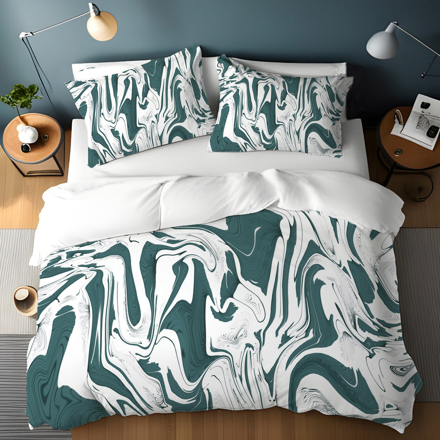 Green and White Organic Marble Pattern Duvet Cover