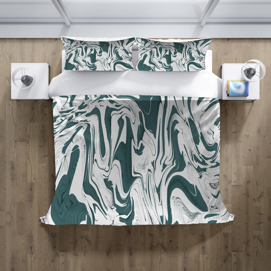 Green and White Organic Marble Pattern Duvet Cover