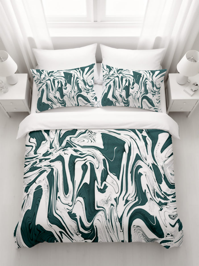 Green and White Organic Marble Pattern Duvet Cover