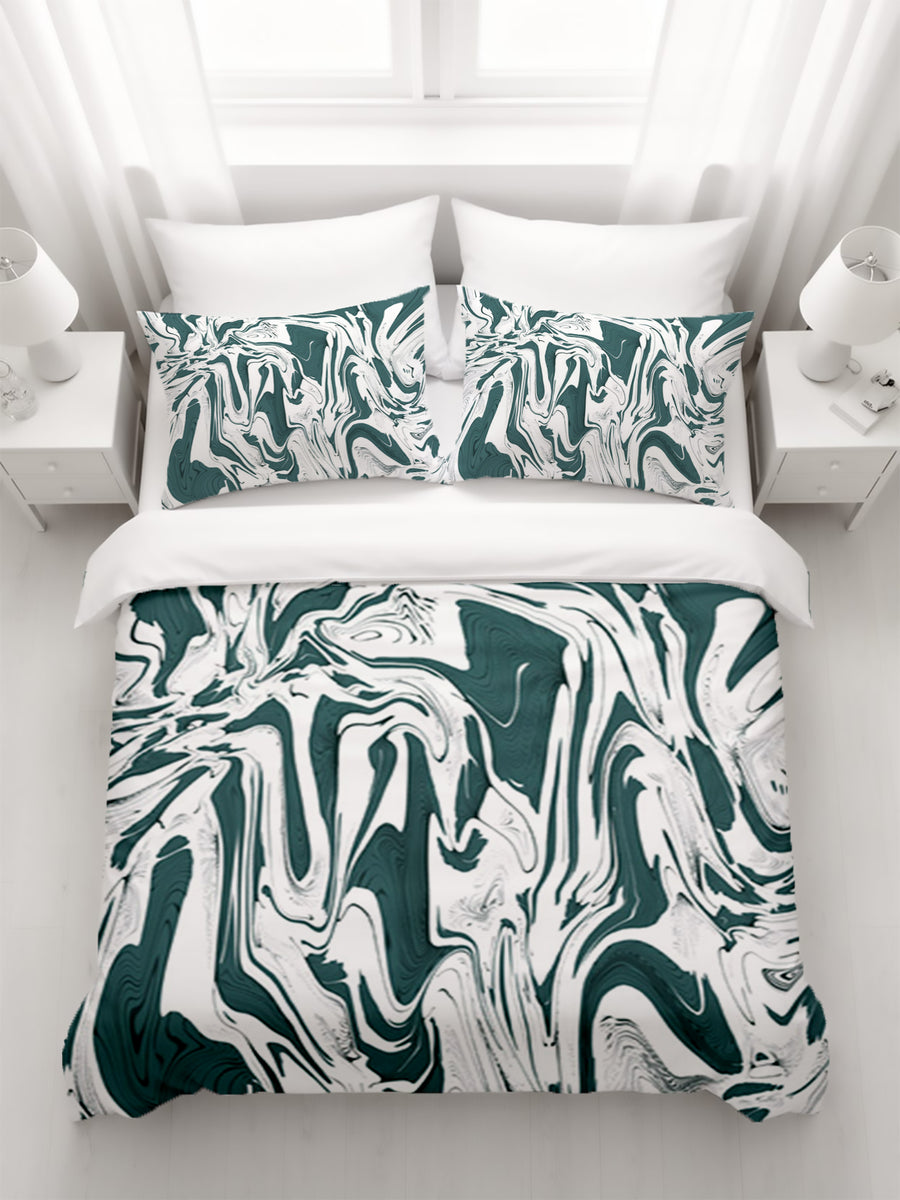 Green and White Organic Marble Pattern Duvet Cover
