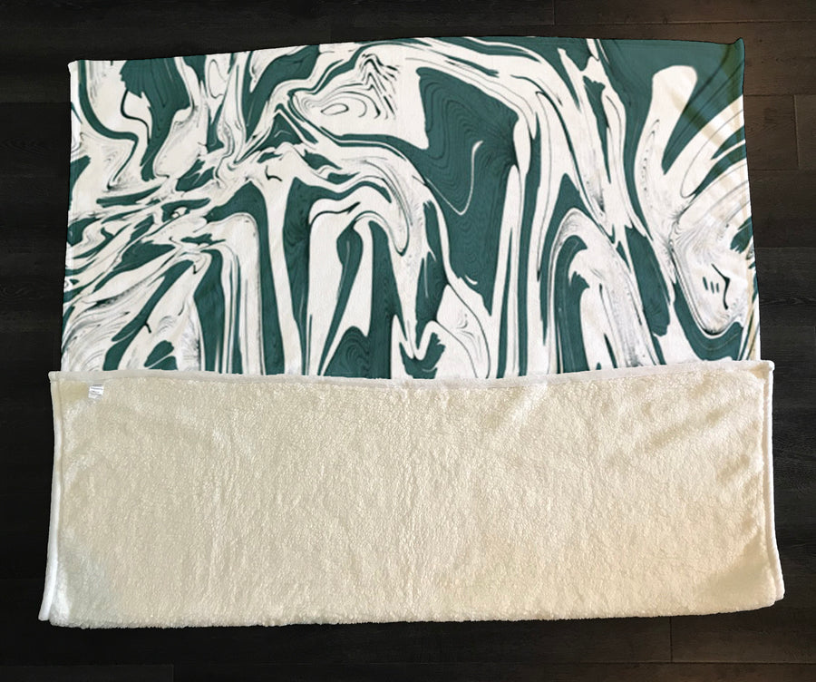 Green and White Organic Marble Pattern Fleece Sherpa Blanket