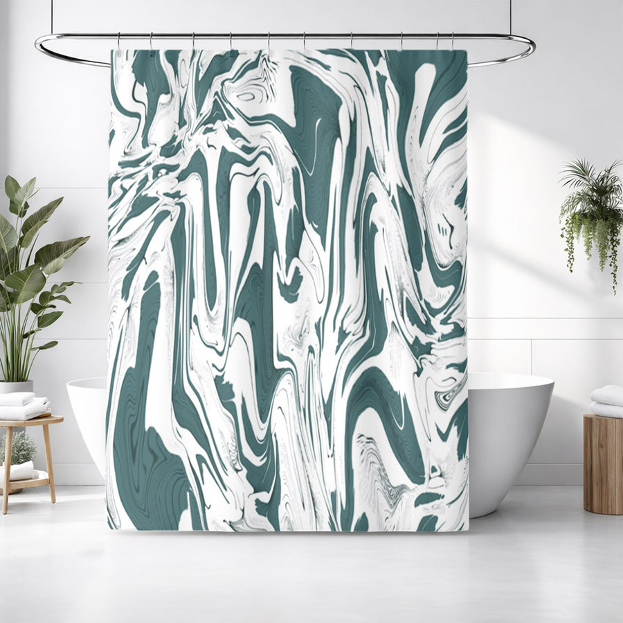Green and White Organic Marble Pattern Shower Curtain