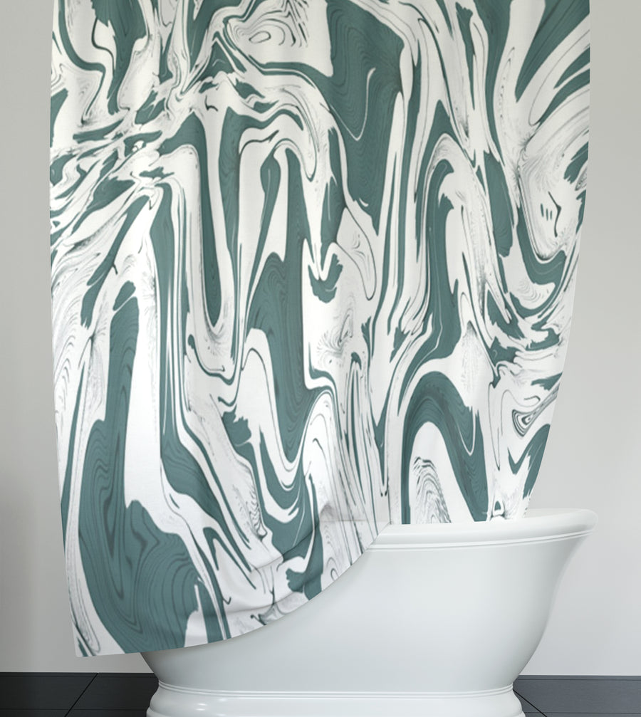 Green and White Organic Marble Pattern Shower Curtain