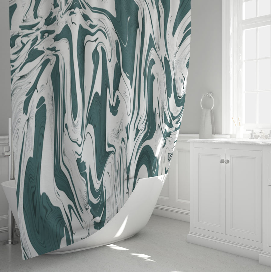 Green and White Organic Marble Pattern Shower Curtain
