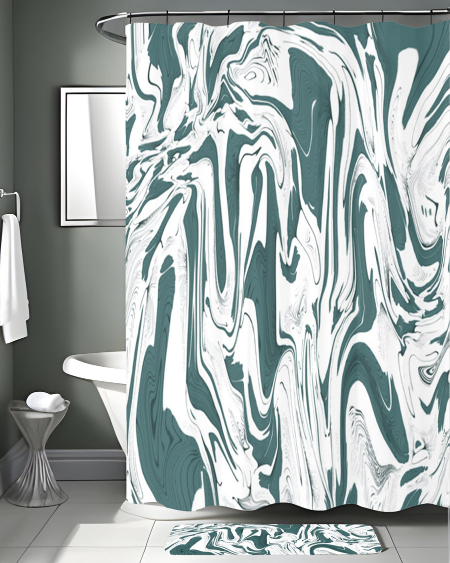 Green and White Organic Marble Pattern Shower Curtain
