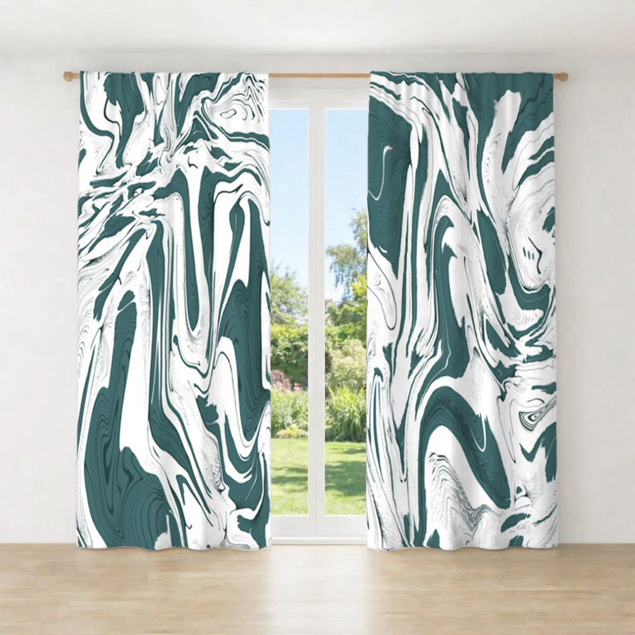 Green and White Organic Marble Pattern Window Curtain