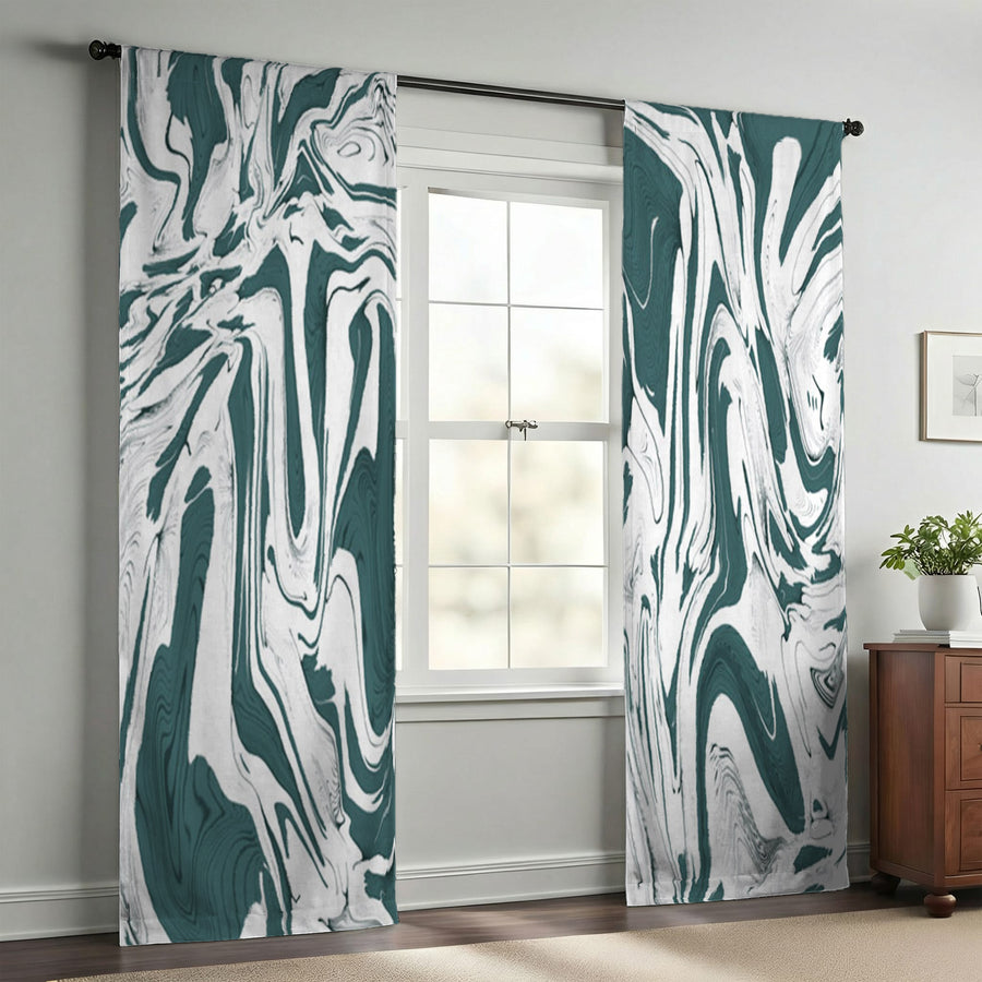 Green and White Organic Marble Pattern Window Curtain