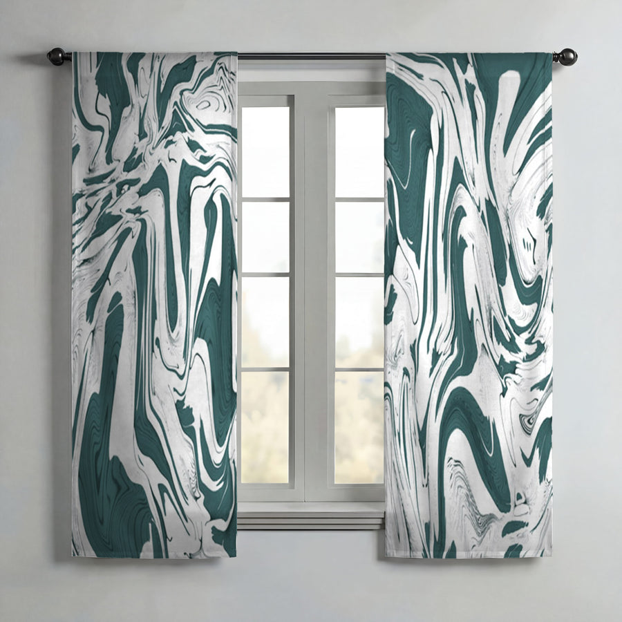 Green and White Organic Marble Pattern Window Curtain