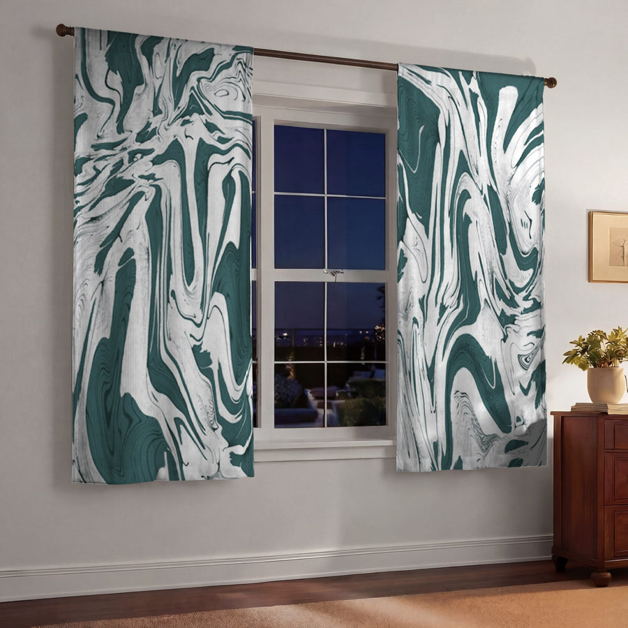Green and White Organic Marble Pattern Window Curtain