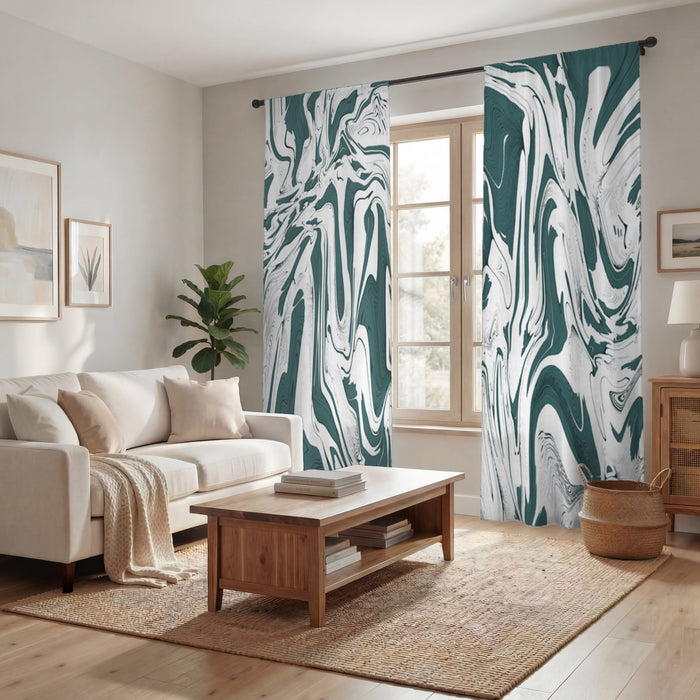 Green and White Organic Marble Pattern Window Curtain