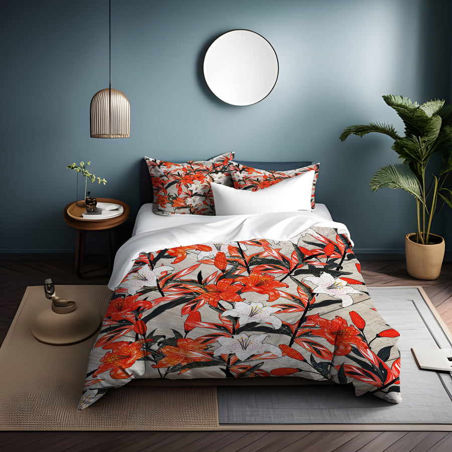 Red Lily Floral Botanical Pattern Duvet Cover