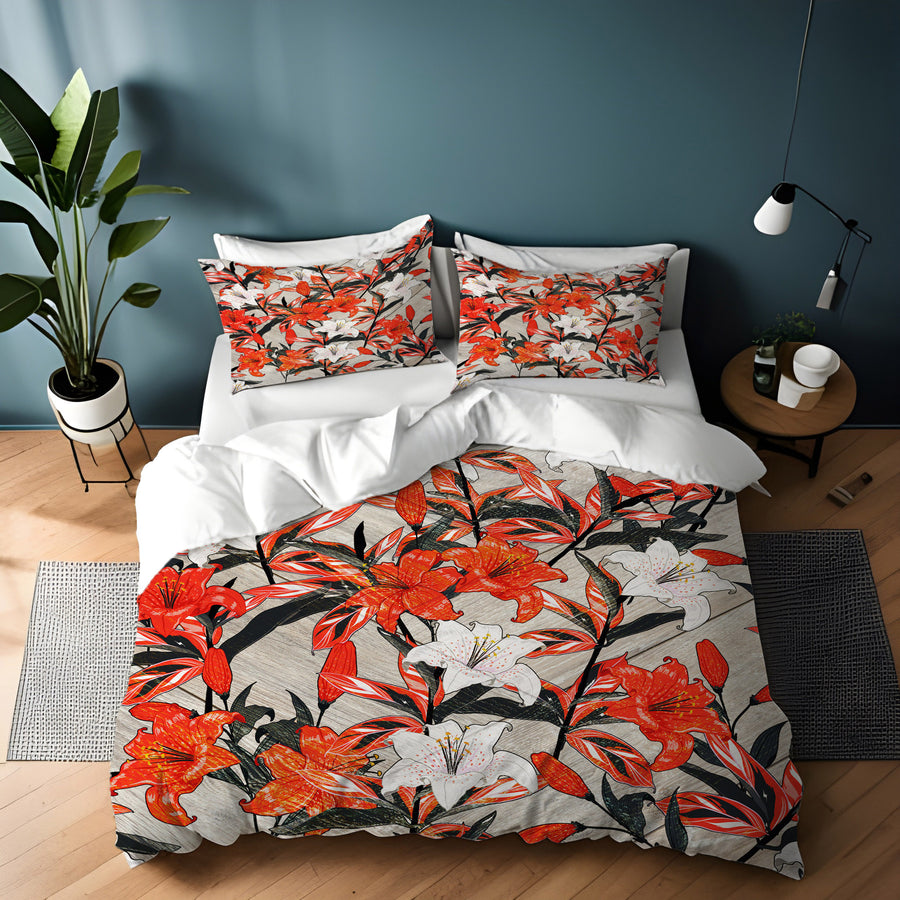 Red Lily Floral Botanical Pattern Duvet Cover