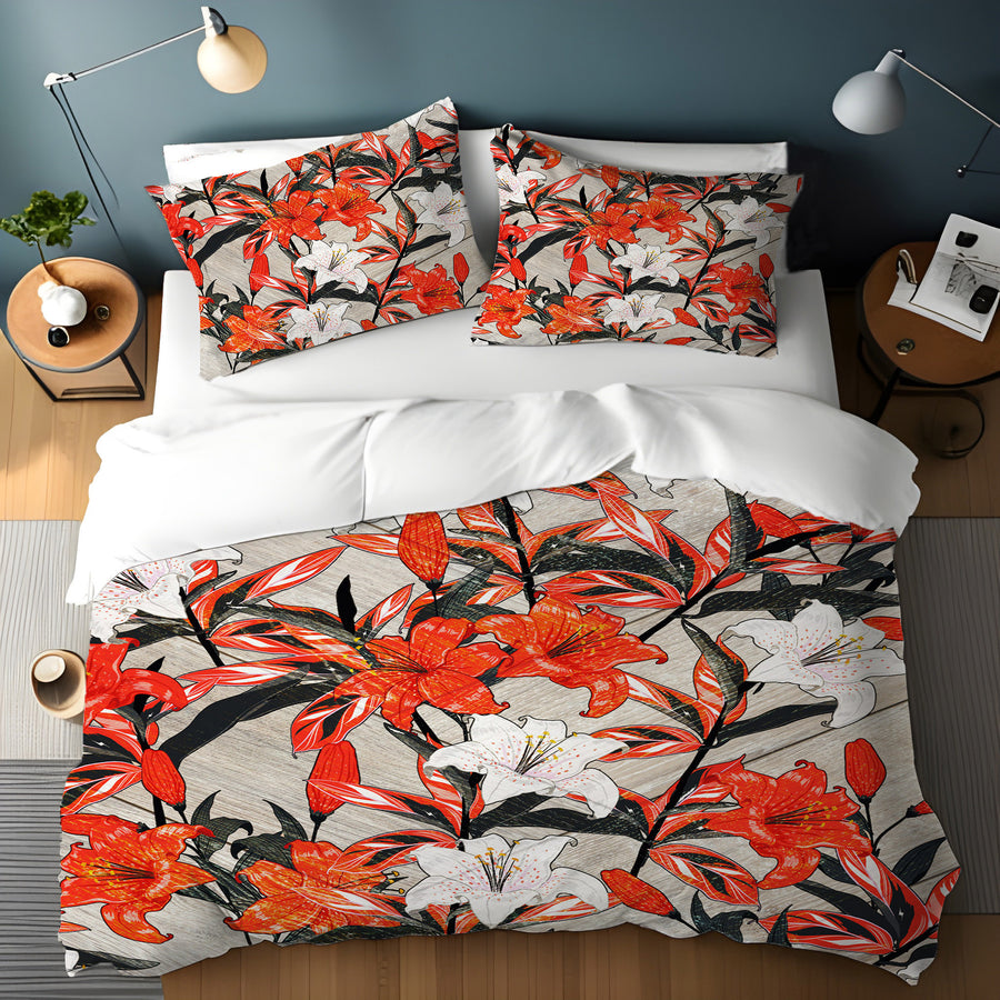 Red Lily Floral Botanical Pattern Duvet Cover