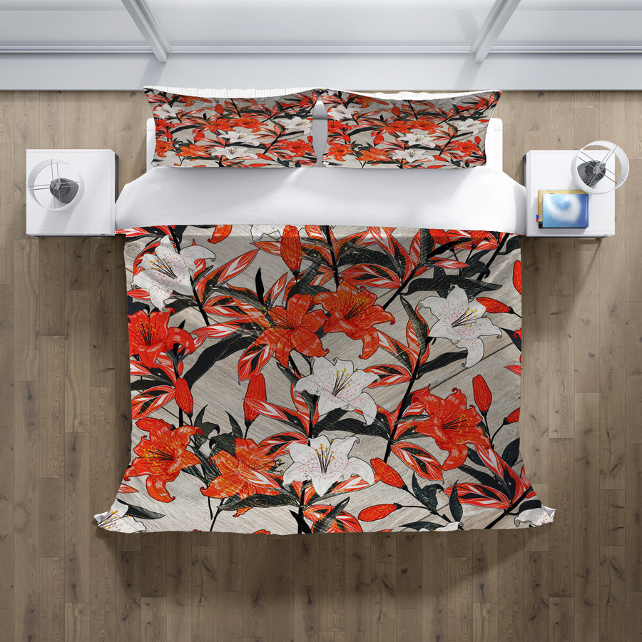 Red Lily Floral Botanical Pattern Duvet Cover