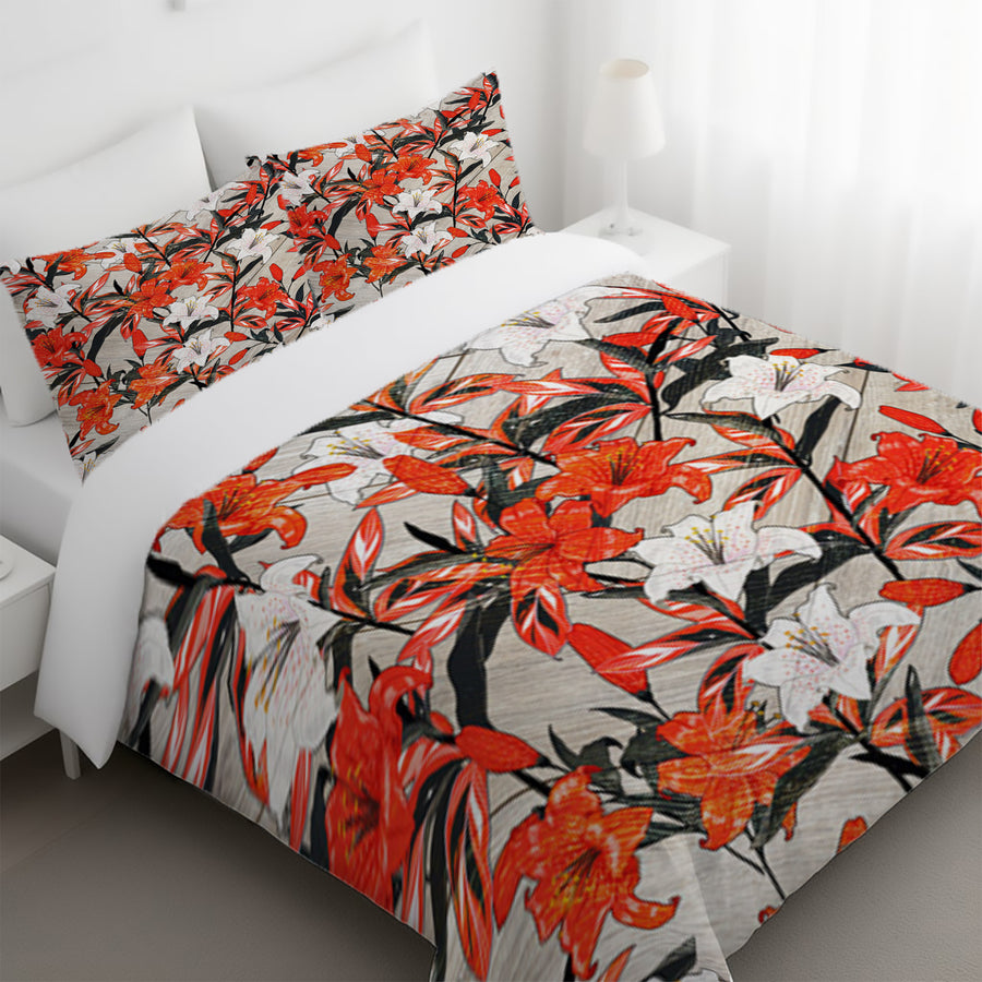 Red Lily Floral Botanical Pattern Duvet Cover
