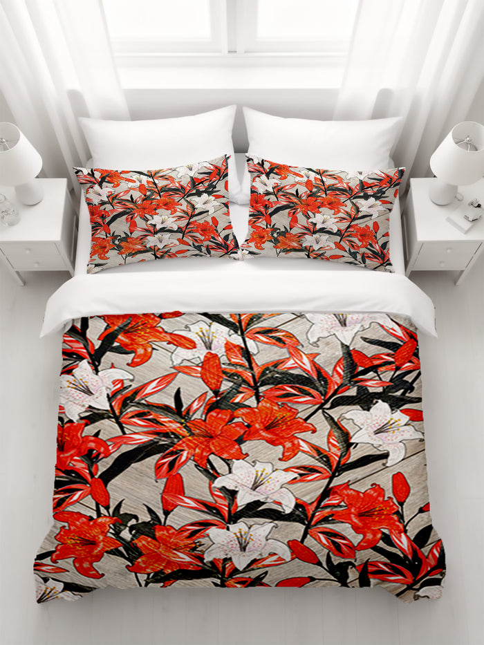 Red Lily Floral Botanical Pattern Duvet Cover