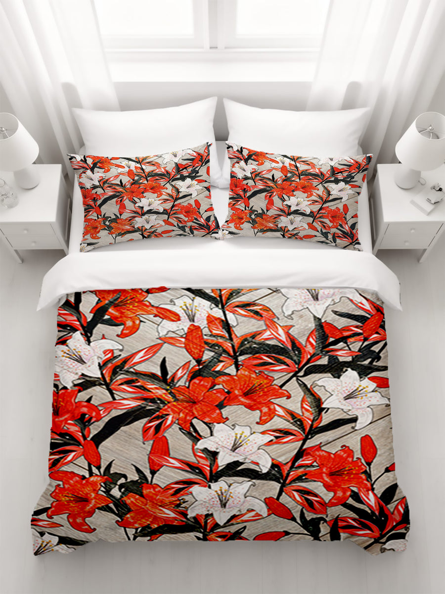 Red Lily Floral Botanical Pattern Duvet Cover